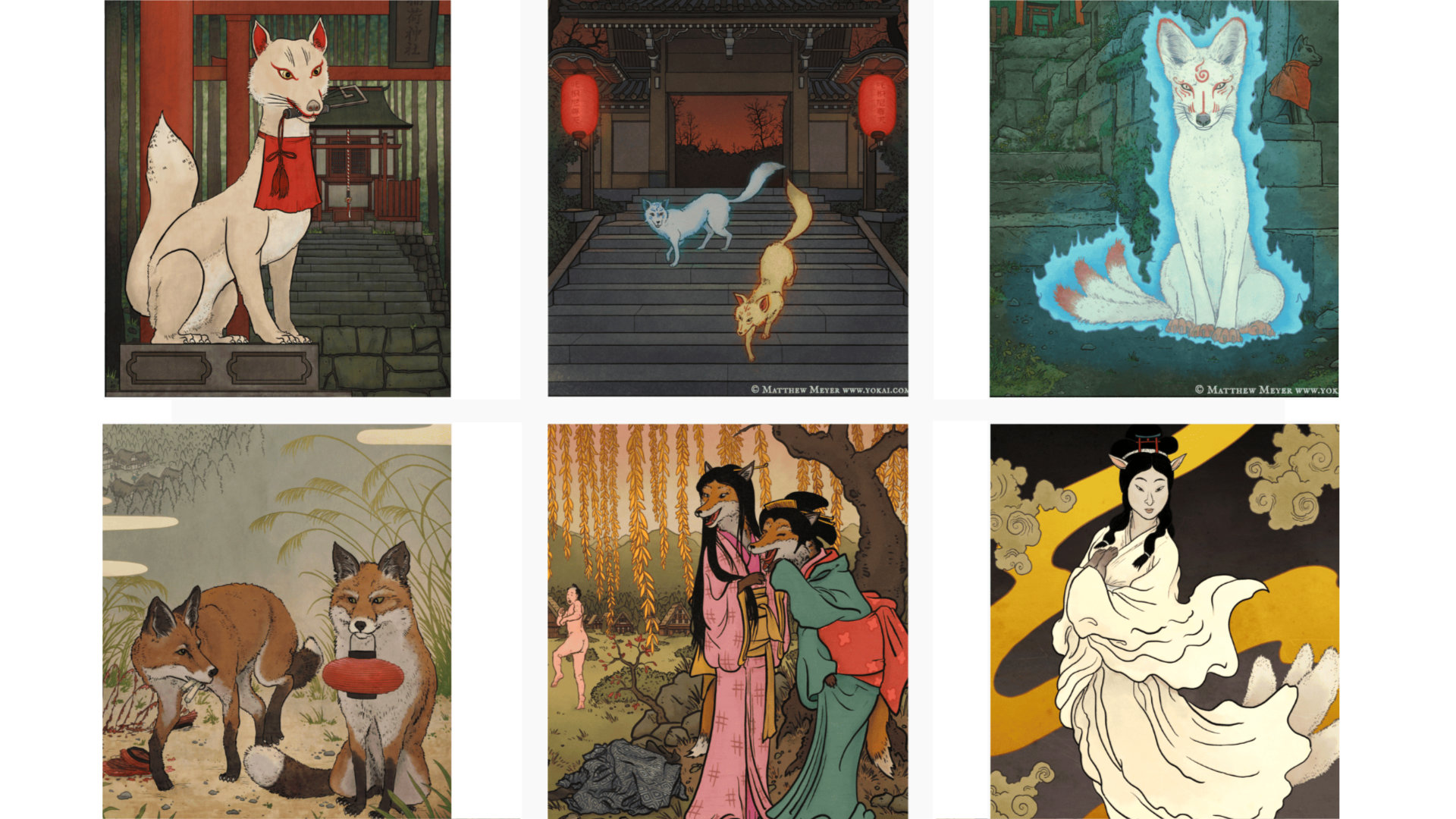 Différents types de Kitsune - En haut, de gauche à droite : Myôbu, ginkgo et kinko, kiko - En bas : nogitsune, yôko, tenko - source Matthew Meyer sur Yokai.com